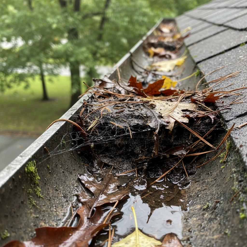 Clogged gutter full of wet leaves and debris on a UK terraced house, overcast grey sky, dark saturated blockage, before cleaning