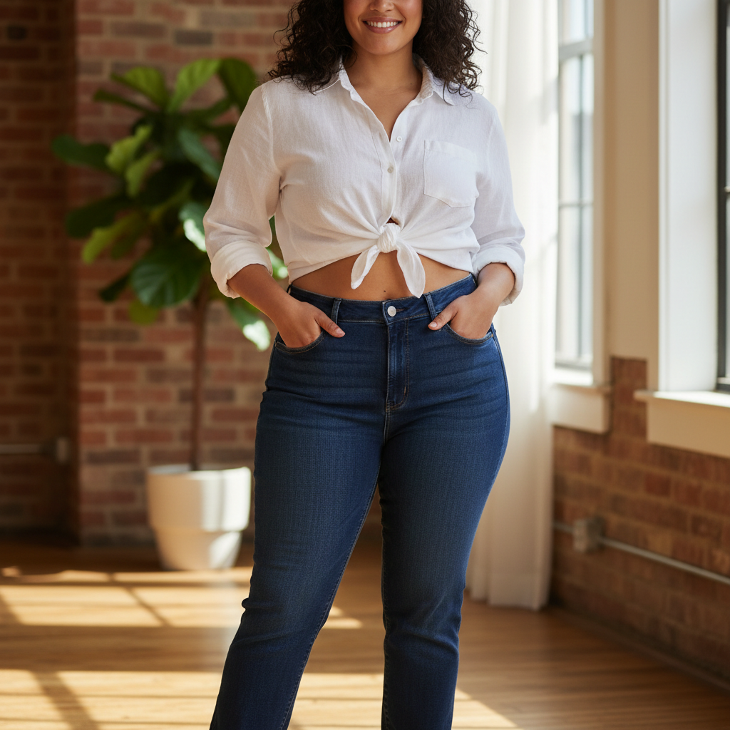 Woman in high-rise straight jeans, plus-size, showing fit at waist and hip