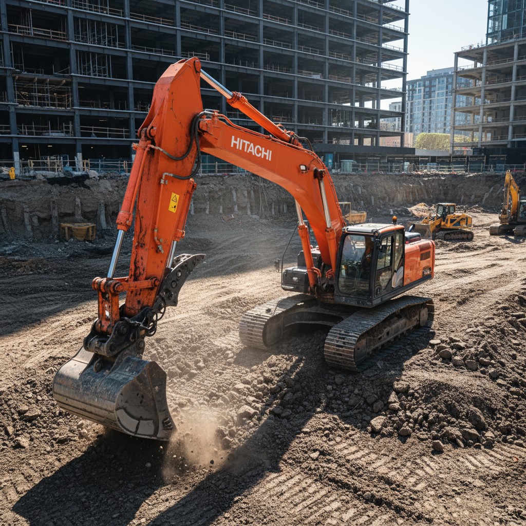 Large 35-tonne excavator digging deep foundation at industrial construction site