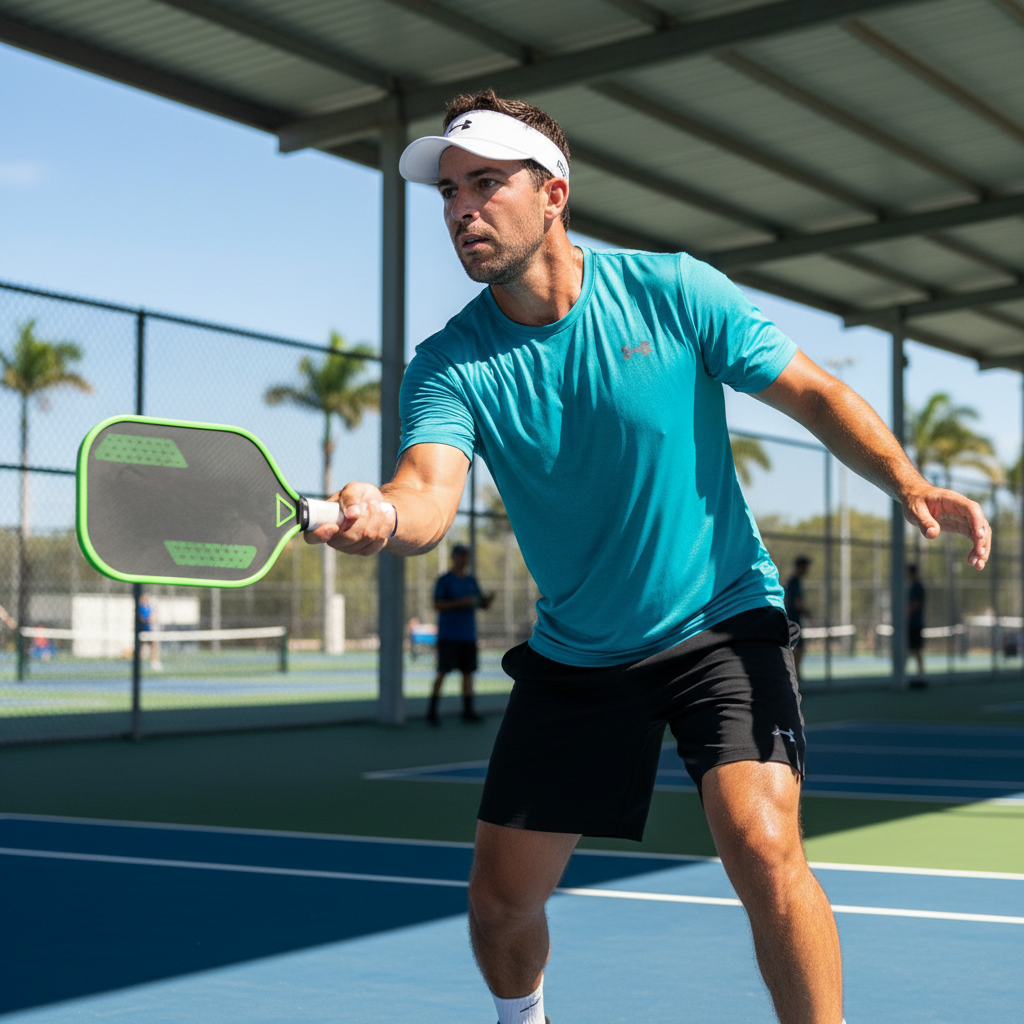 Marcus Delgado, competitive pickleball player, focused expression, athletic build