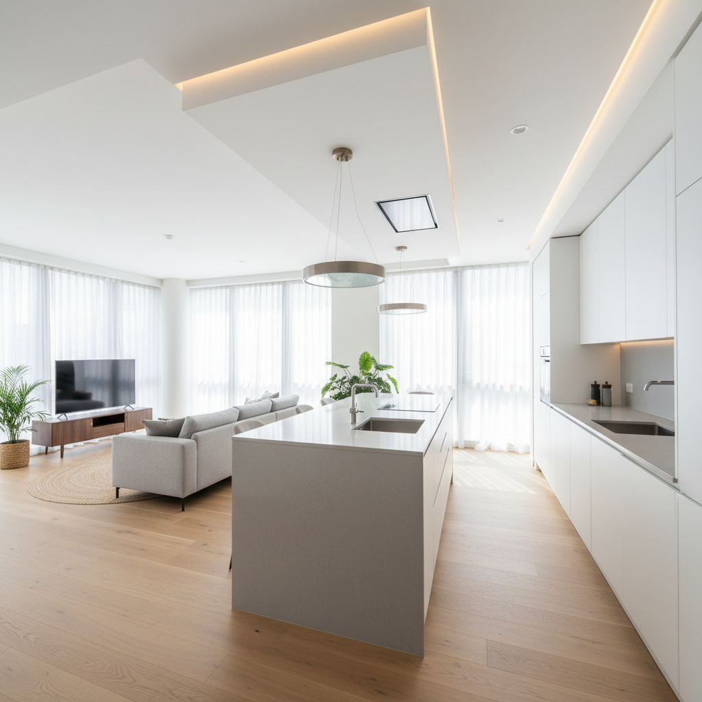 Modern studio apartment interior with open floor plan, bright natural light, contemporary furnishings