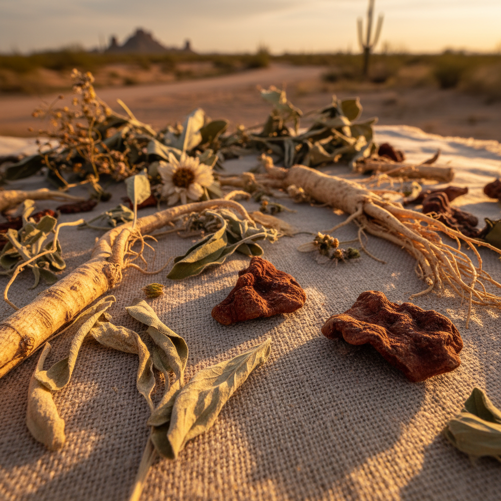 Botanical herbs and flowers on aged paper, warm golden light, dark background, healing and natural atmosphere