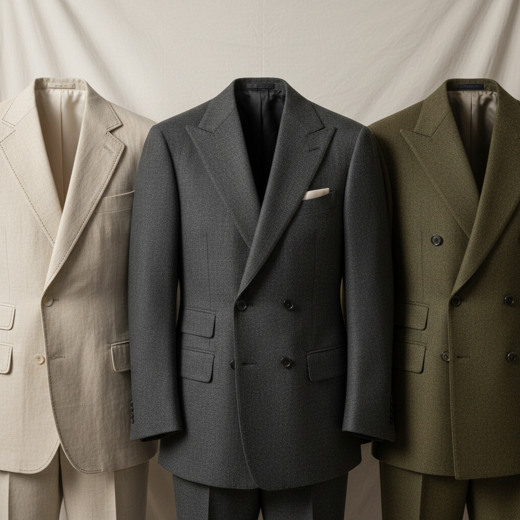 Tailored charcoal gray three-piece suit on display in luxury tailor shop