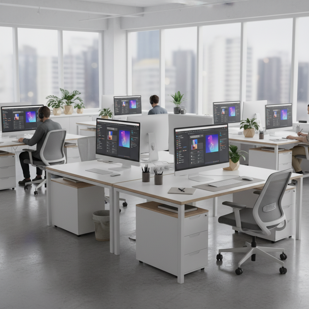 Design studio workspace with multiple screens showing UI design work