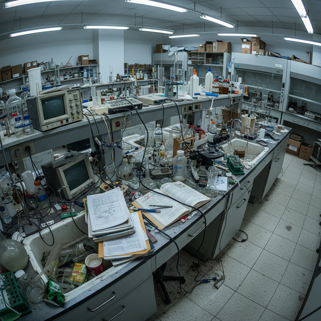 Cluttered laboratory workspace with disorganized equipment showing poor research conditions