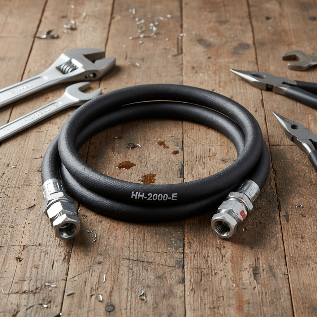 Industrial hydraulic hose assemblies and tube fittings in dark factory workshop, steel pipe connections, low-key lighting
