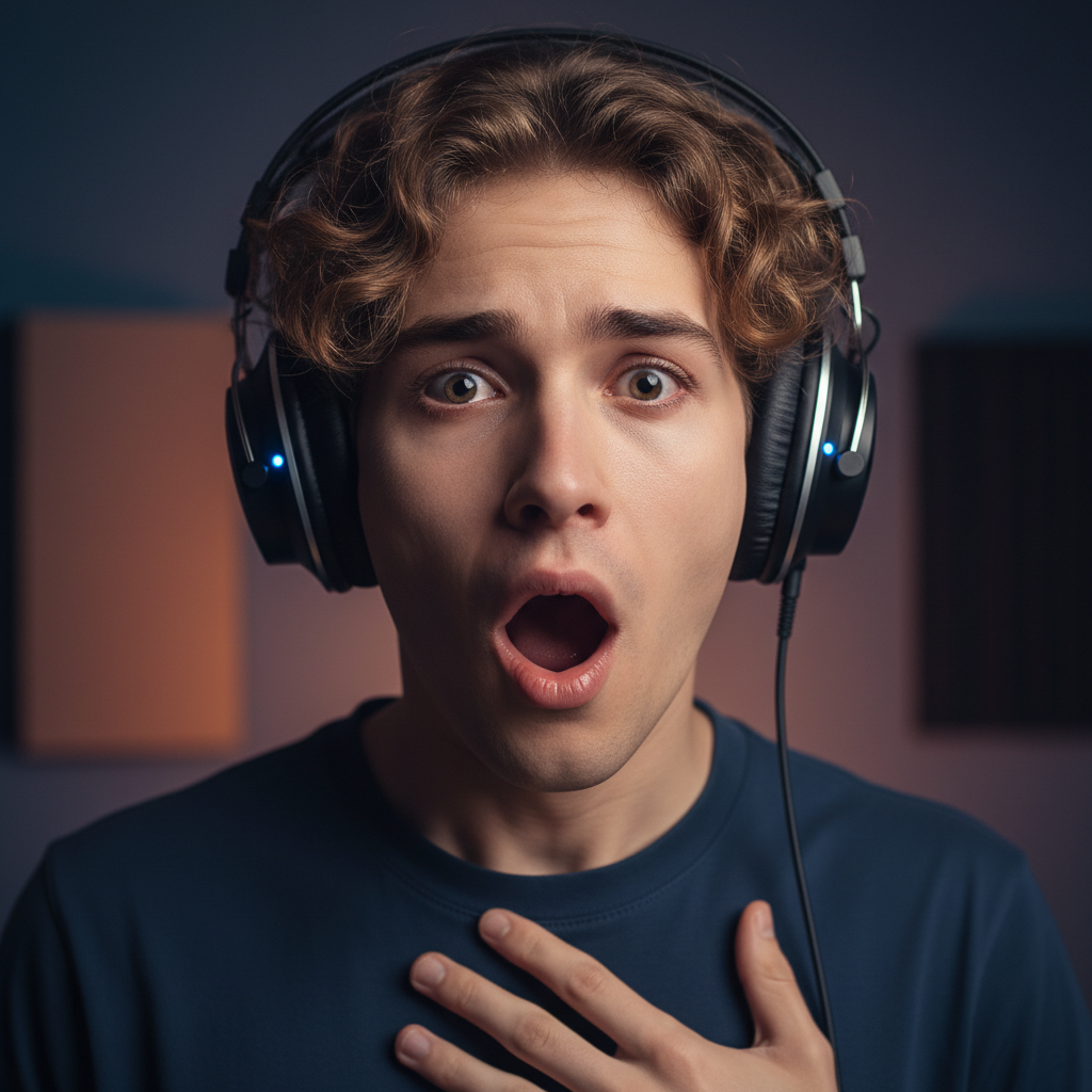 Person in headphones experiencing first listen reaction, mouth open mid-gasp at audio studio