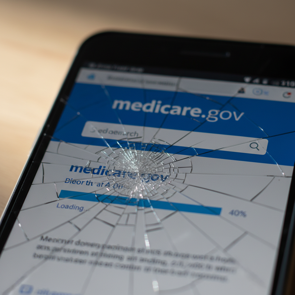 A cracked smartphone screen showing the Medicare.gov website loading slowly — the progress bar frozen at 40%