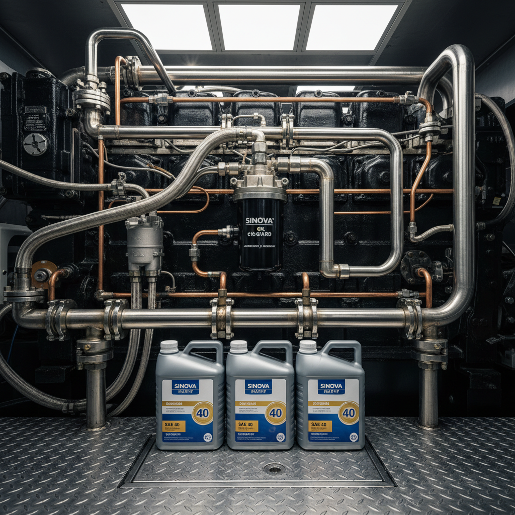 Ship engine room with large marine diesel engines, lubricant containers, oil filters, and maintenance equipment