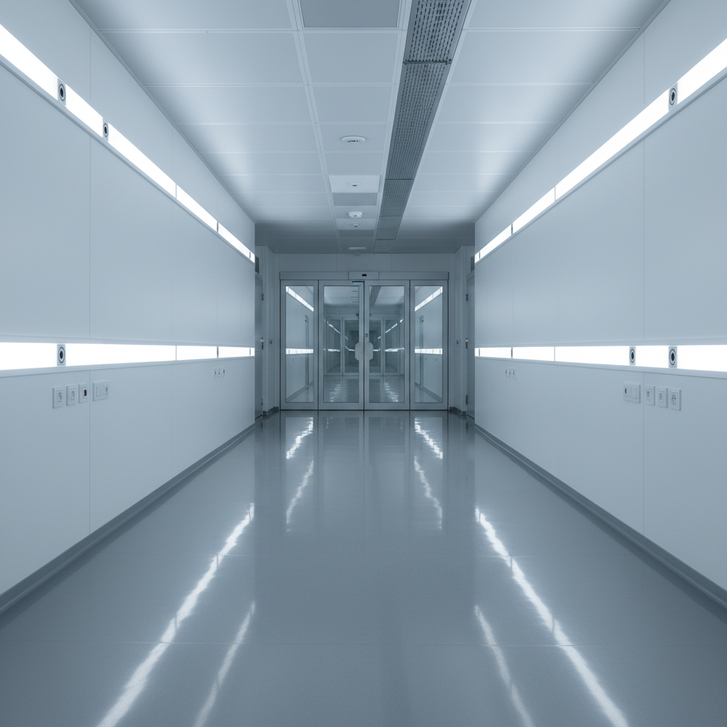 Futuristic white laboratory interior, sterile environment, high-tech facility, bright clinical lighting