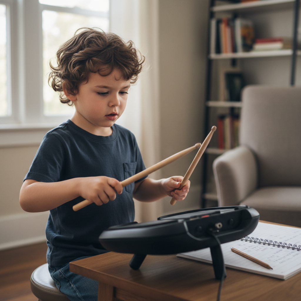 Child practicing on a drum pad at home with a practice log sheet beside them