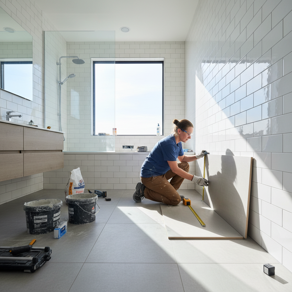 Glass installer measuring frameless shower door panel in bright bathroom, precise tape measure against clear glass