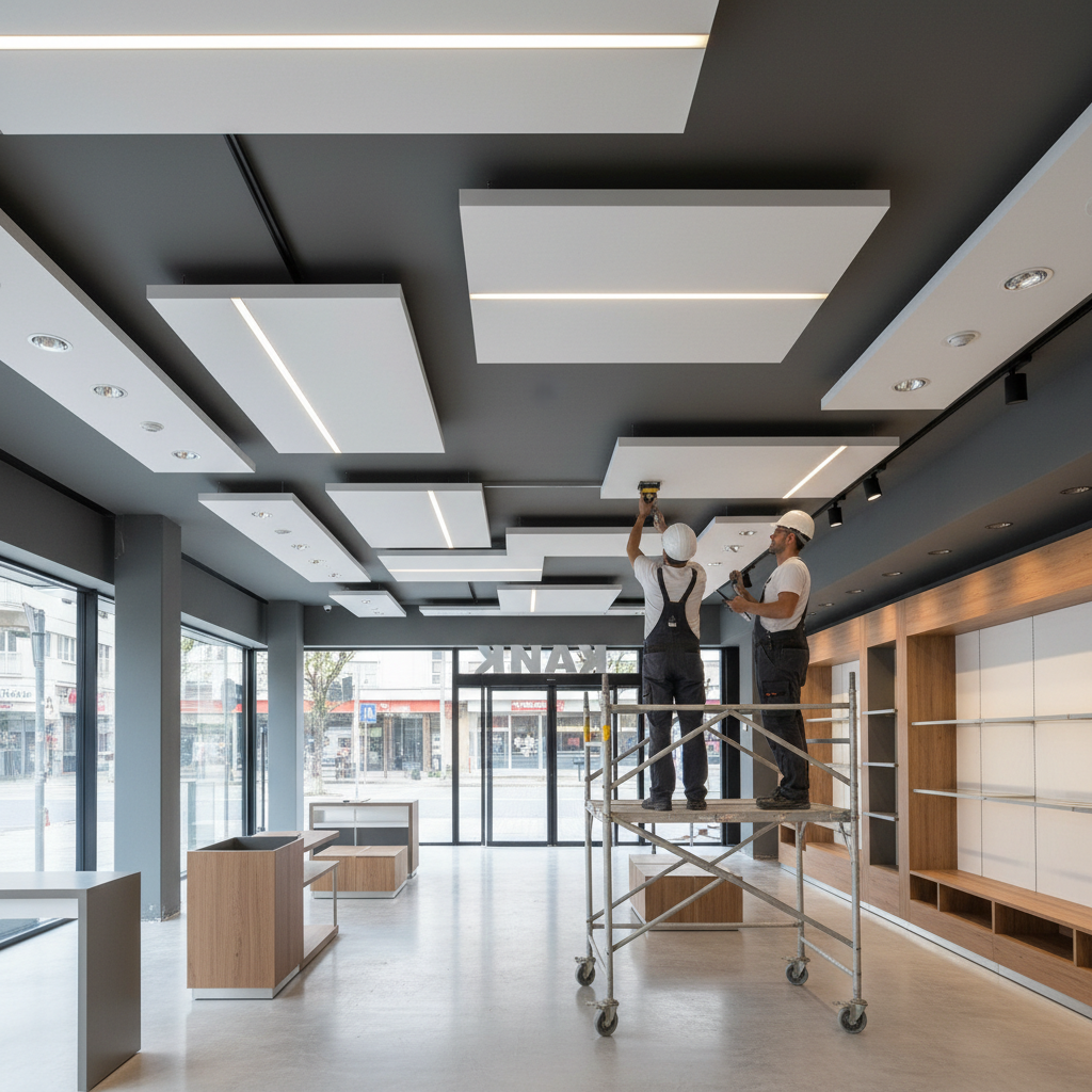 Professional PA system speaker installation in modern commercial building ceiling