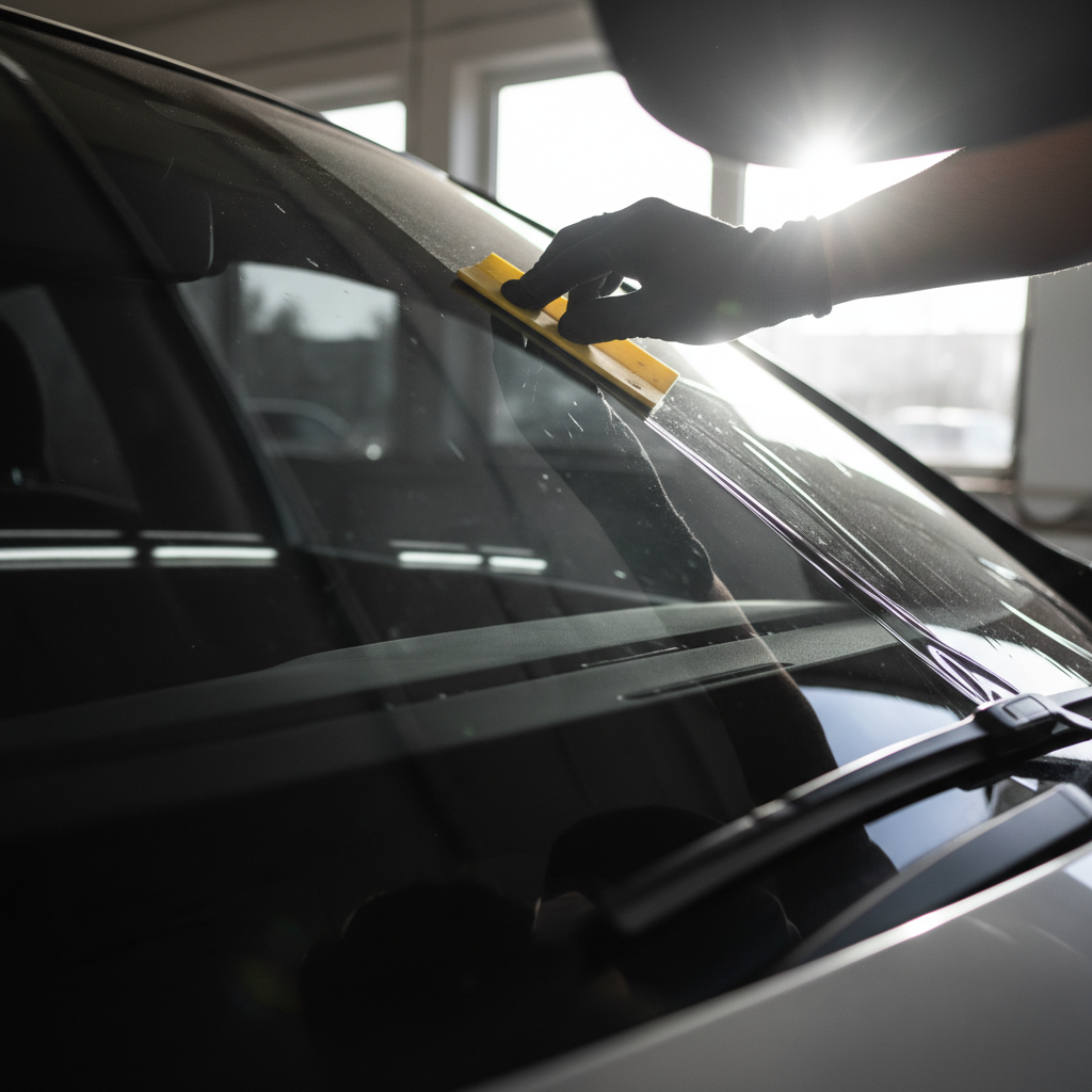 Low-angle interior shot looking through half-tinted windshield, installer's gloved hand pressing film against glass with a hard card, daylight splitting into two worlds