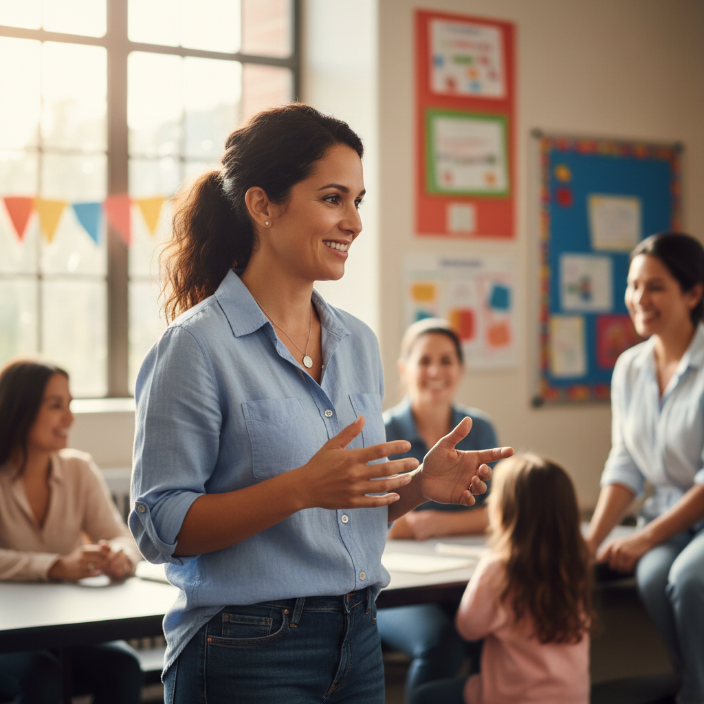 Mother holding child on her hip while speaking to a facilitator, both smiling warmly