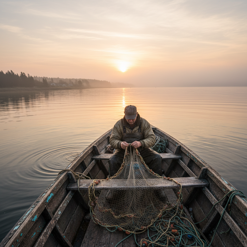 Fisherman in small wooden boat mending nets by hand at dawn on Pacific coast Costa Rica