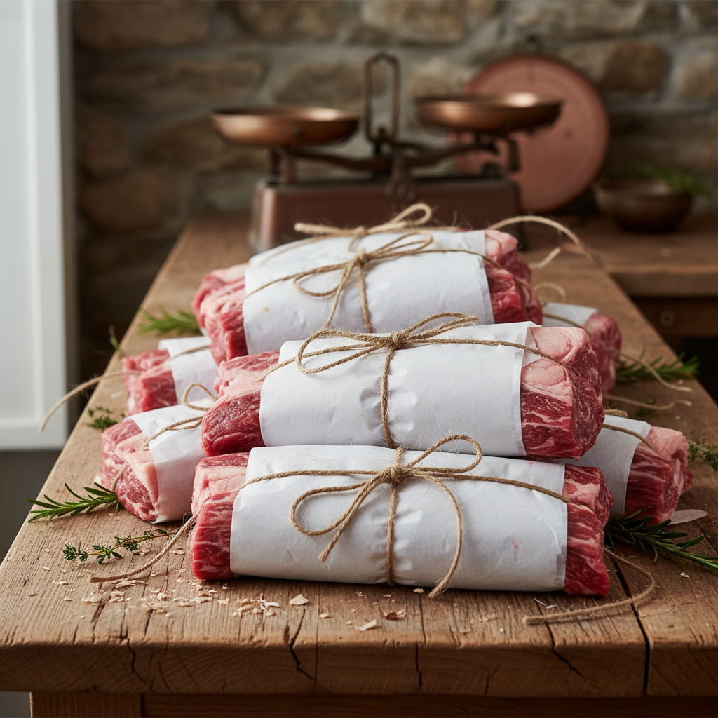 Rolled beef brisket tied with butchers twine on stone surface