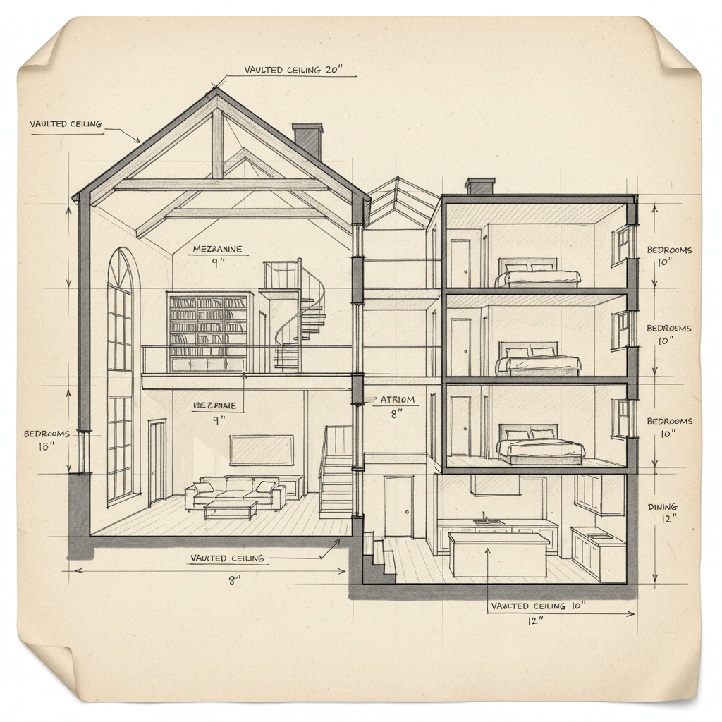 Hand-drawn architectural section sketch in pencil showing spatial relationships
