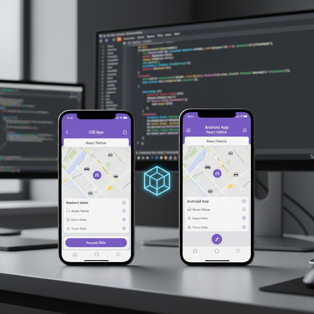 React Native app running on iPhone and Android phone on bright developer desk