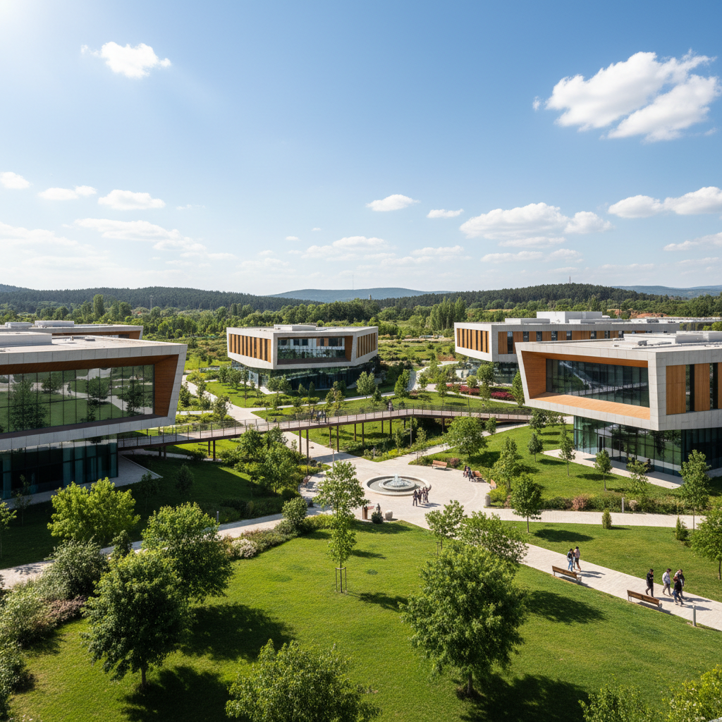 University campus building exterior with modern architecture, bright daylight open environment with clear blue sky