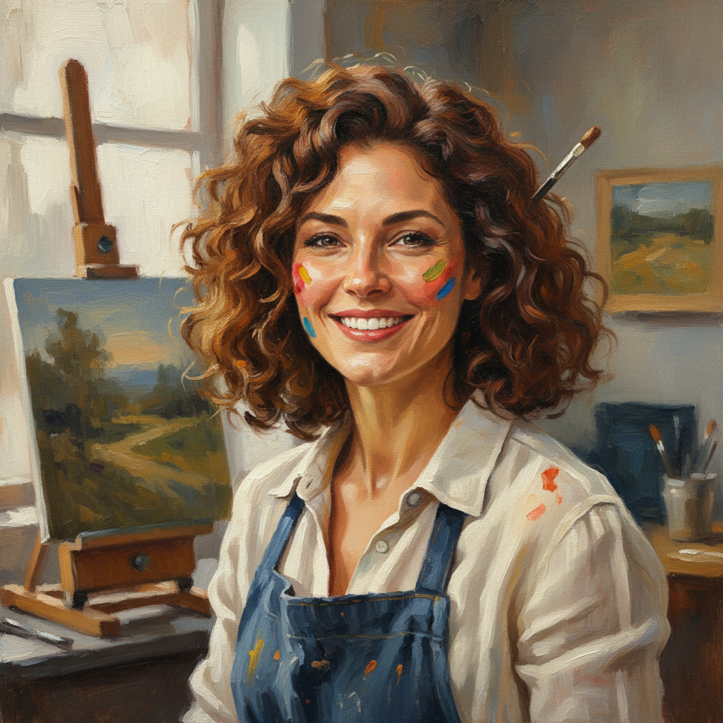 Portrait of Margot Vielle, oil painting teacher with curly hair and warm smile