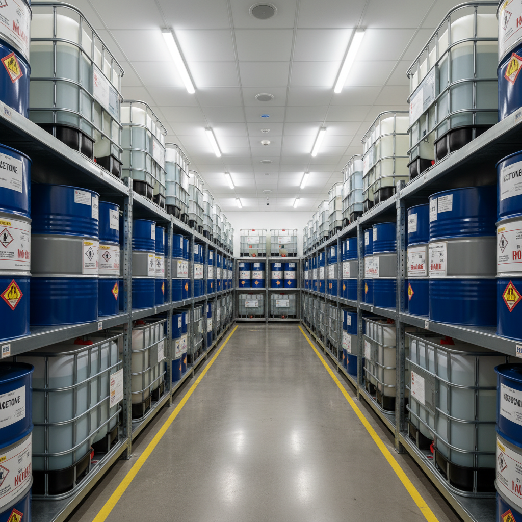 Industrial cleaning chemical products containers in organized warehouse setting with dim overhead lighting