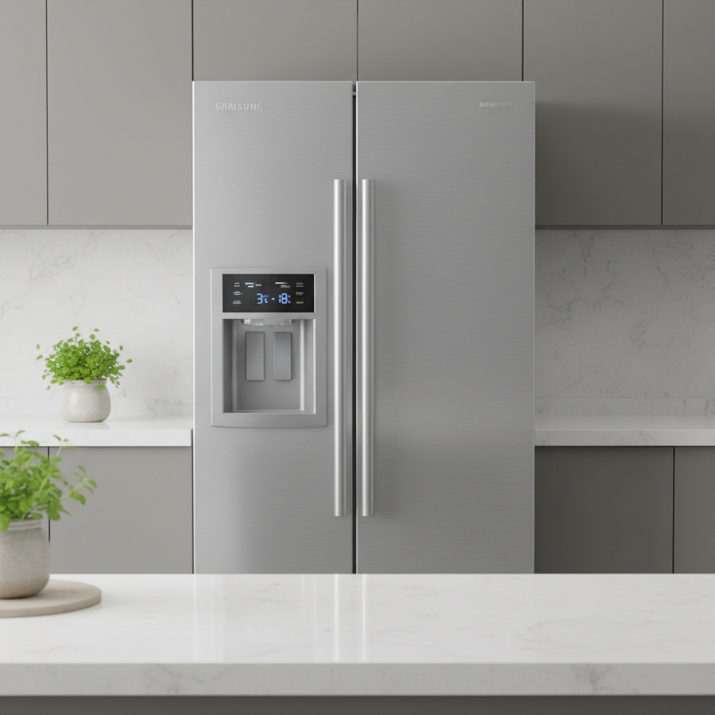 Stainless steel Samsung french door refrigerator in a bright white kitchen, clean and spotless