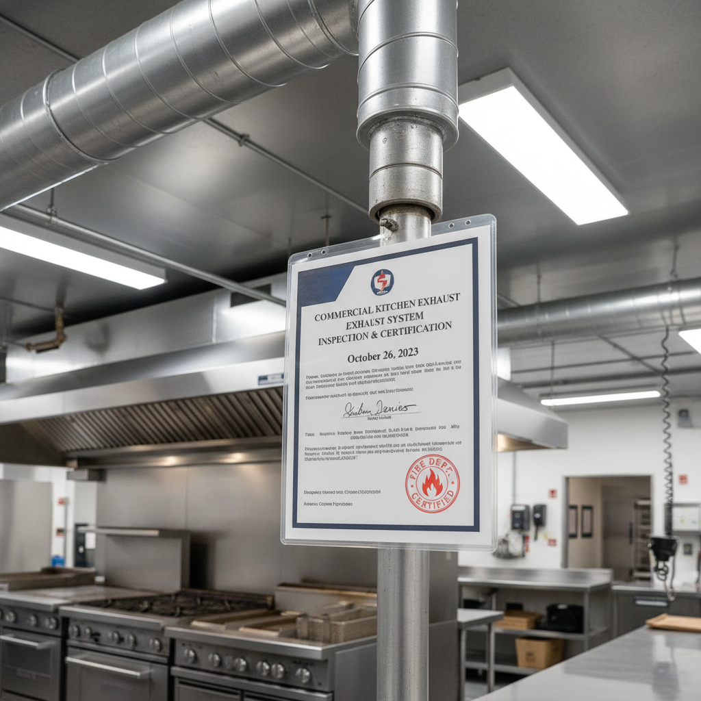 New commercial exhaust system installed with inspection certificate dated and fire marshal signature visible