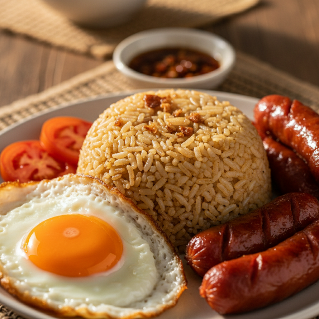 Longsilog plate with longganisa sausage, garlic fried rice, and fried egg