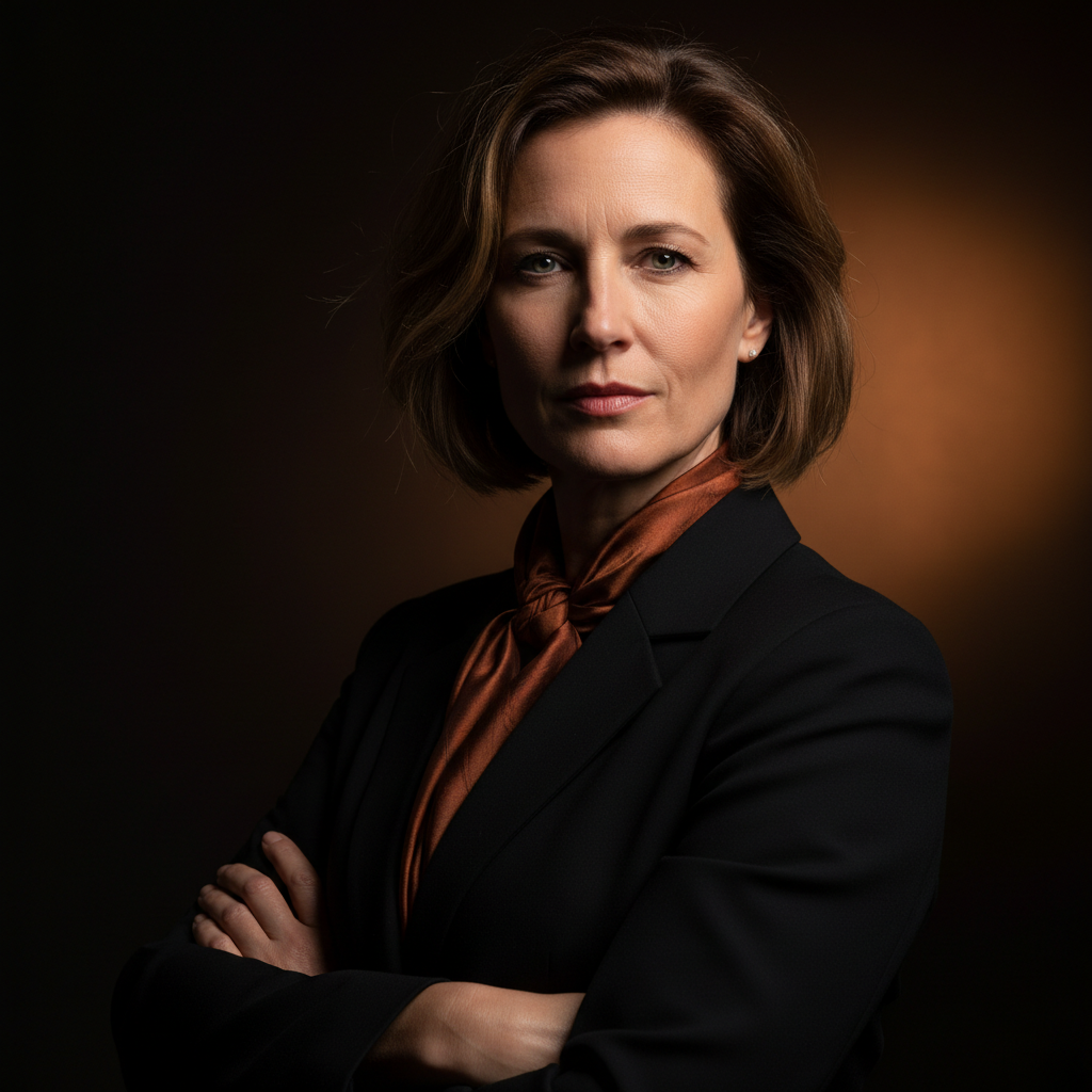 Sophia Okafor, executive producer, confident portrait with elegant cinematic lighting and dark studio background