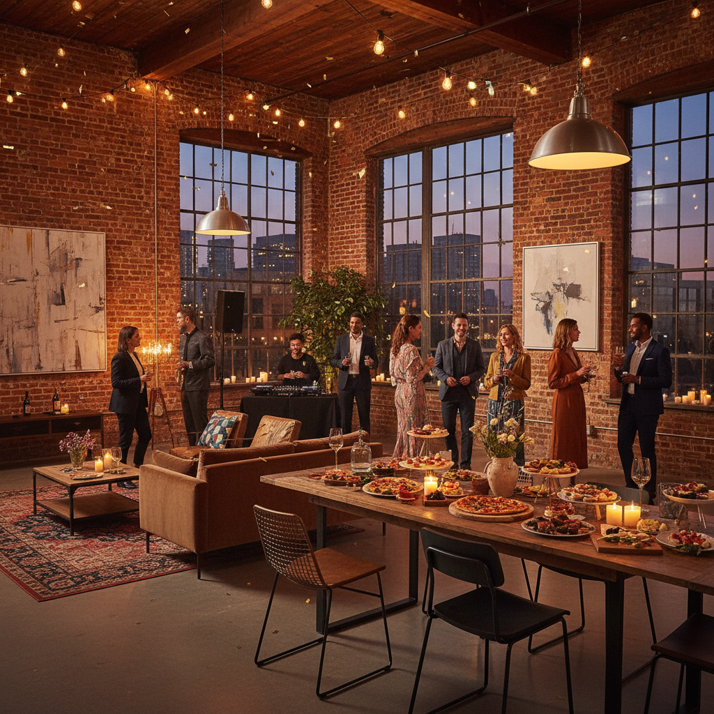 Evening reception at Loft — string lights overhead, guests dancing on polished concrete beneath timber beams