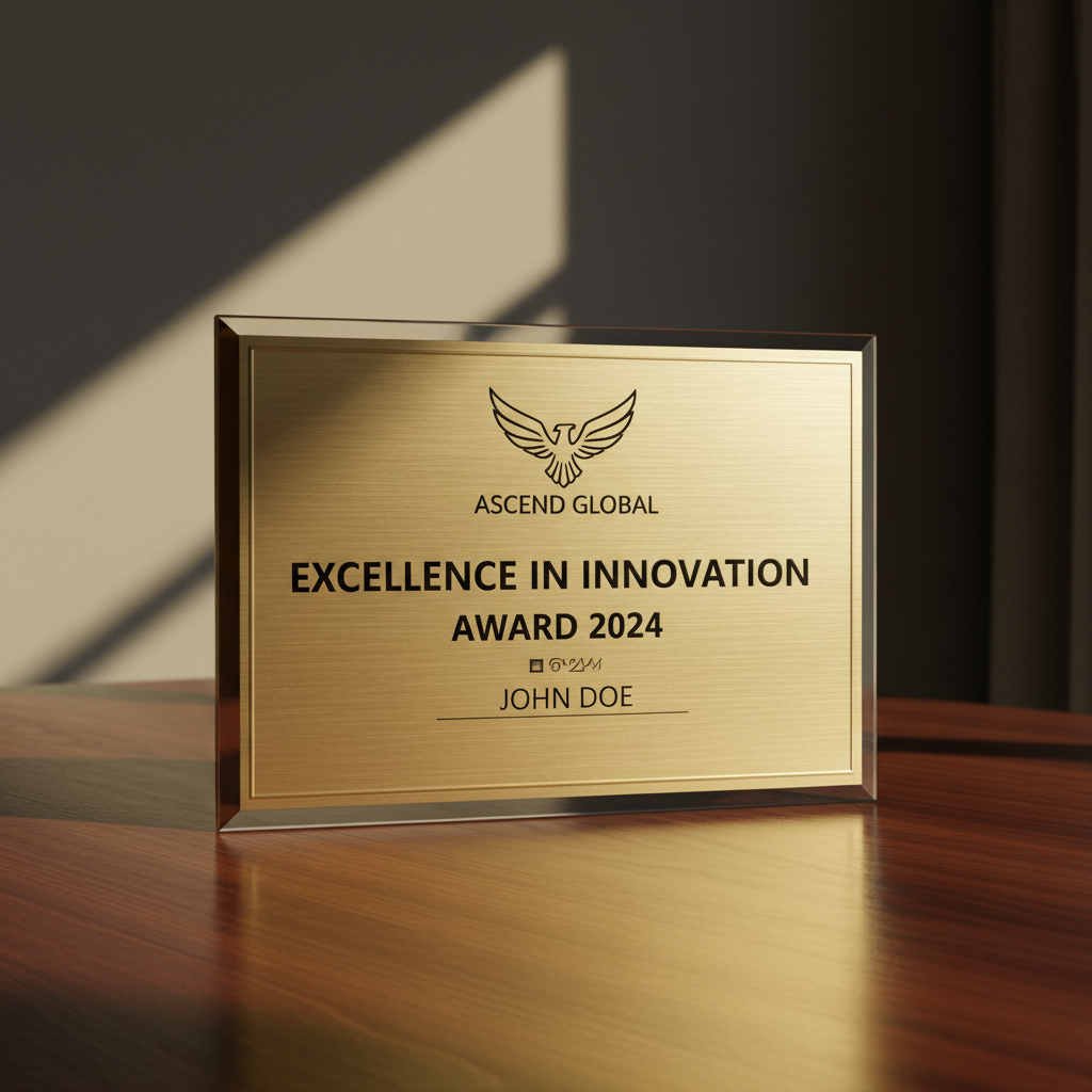 Business award trophy with engraved plaque on reflective surface