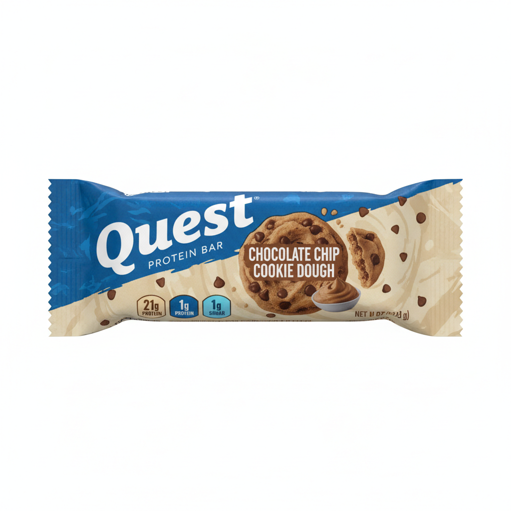 Quest protein bar in cookies and cream flavor with black and white wrapper