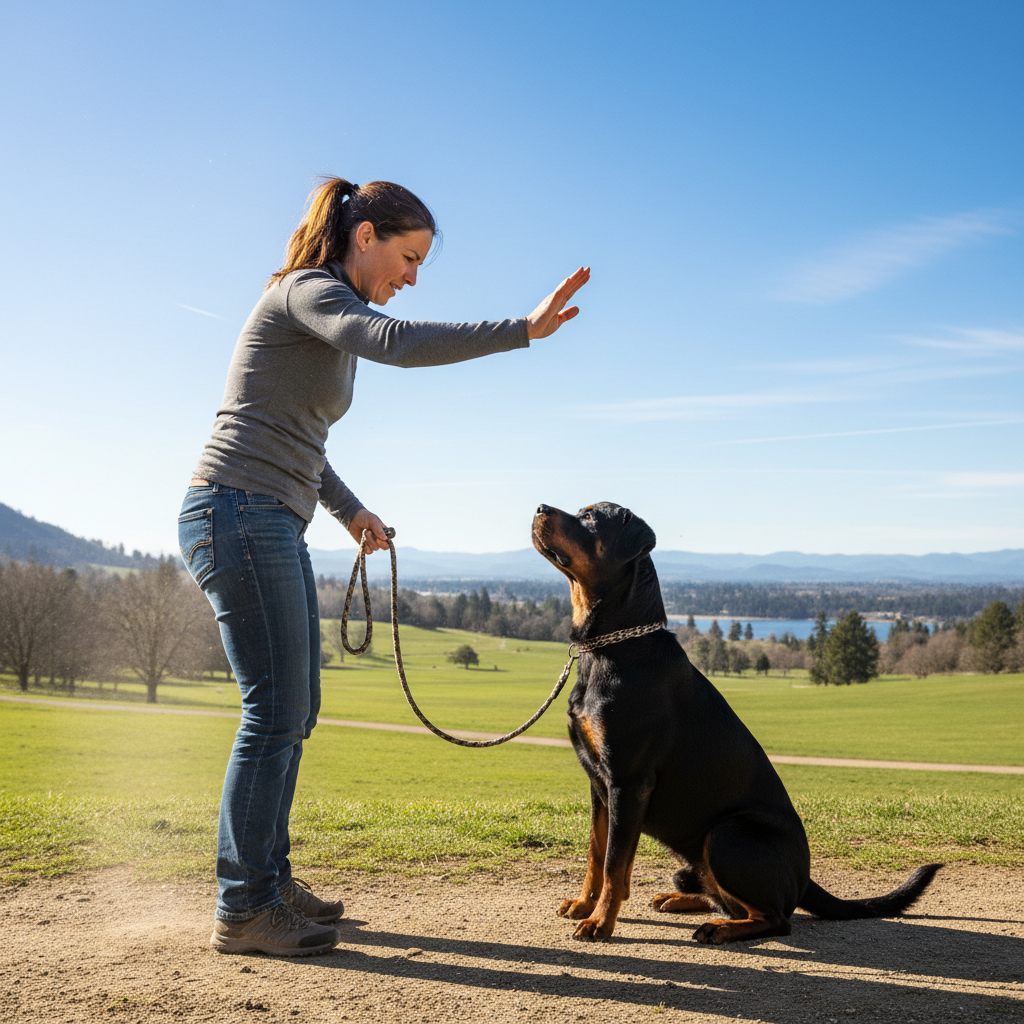 Rottweiler puppy training session outdoors, puppy responding to command in a sunny park setting