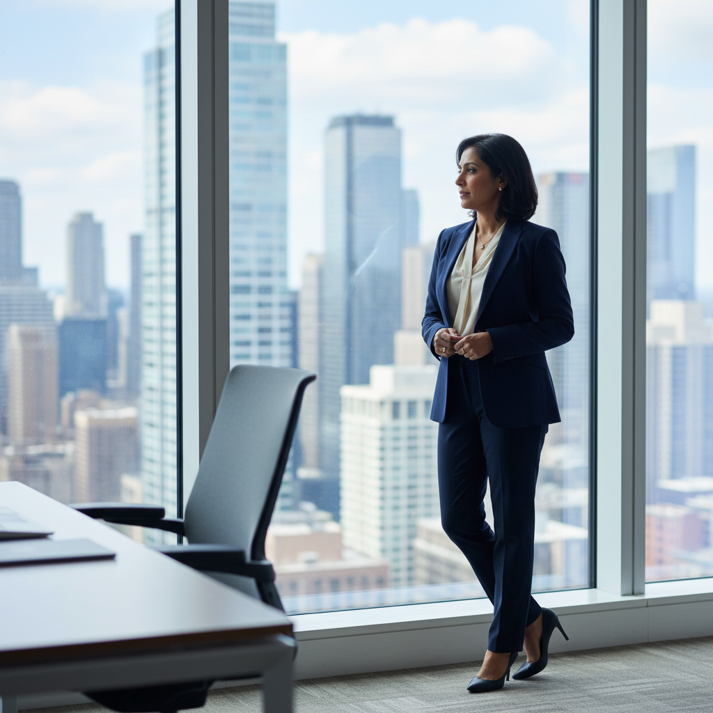 South Asian professional woman in her 40s standing near floor-to-ceiling windows in high-rise office, city skyline behind her