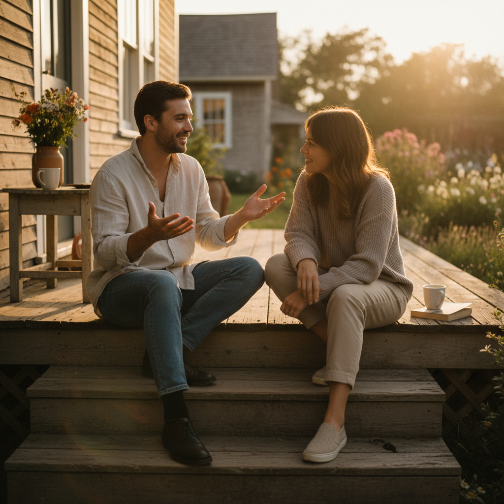 Two people sitting on porch steps at golden hour, one mid-sentence with hands open, the other listening with their whole body leaned in