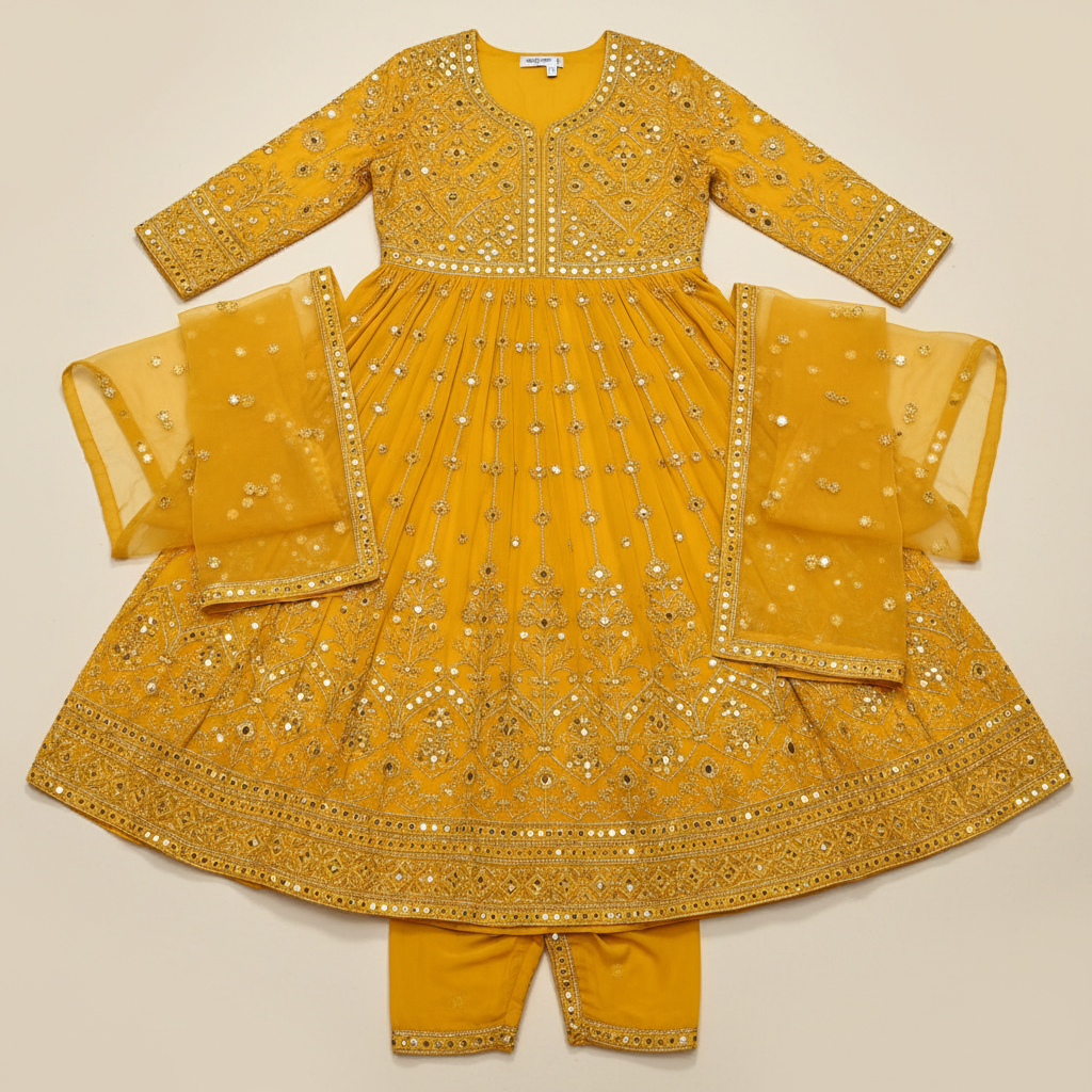Vibrant festive anarkali dress with intricate mirror work, warm golden Diwali lighting