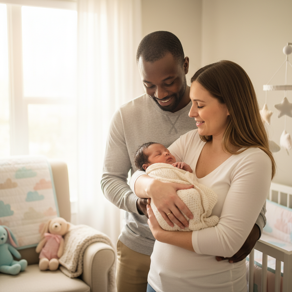 Mixed-race couple smiling with newborn baby in cozy nursery
