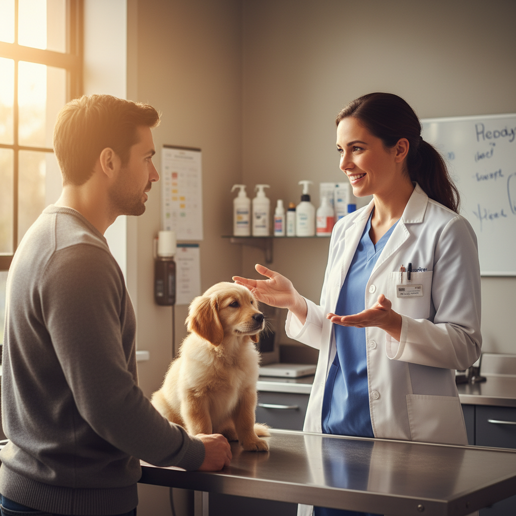 Vet providing preventative care advice to a pet owner