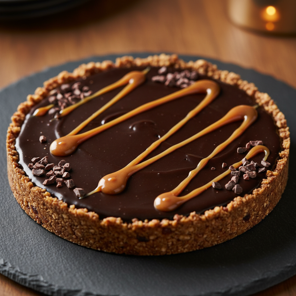 Raw cacao tart with date caramel drizzle on a slate plate in candlelight