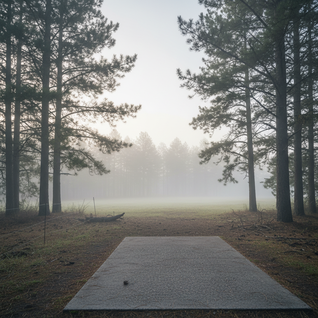 Empty disc golf tee pad in early morning fog surrounded by pine trees