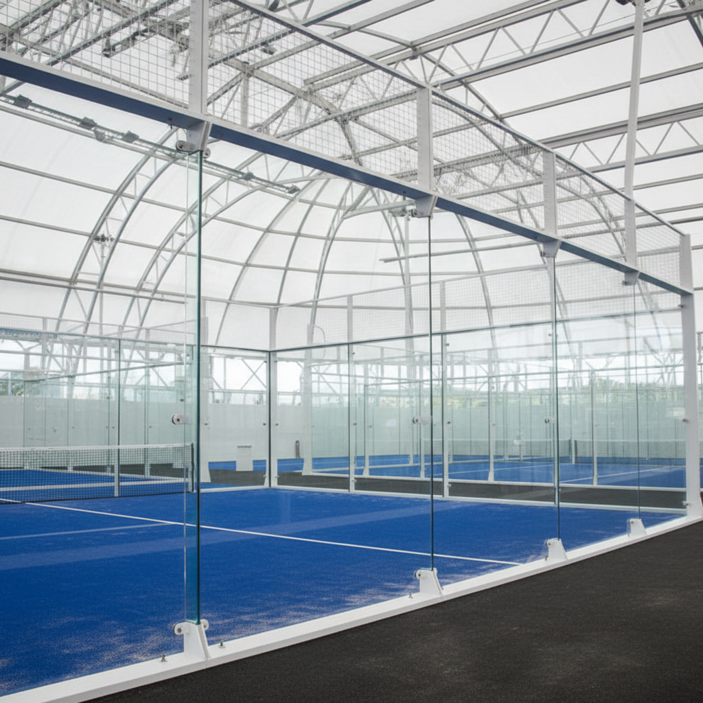 Panoramic glass court wall detail, premium installation quality, modern sports architecture