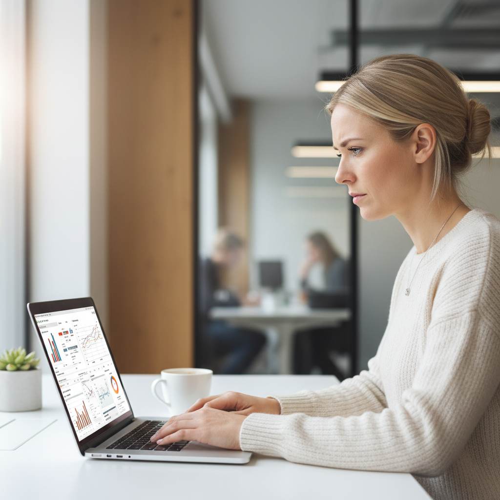 Scandinavian woman with short blonde hair in office setting