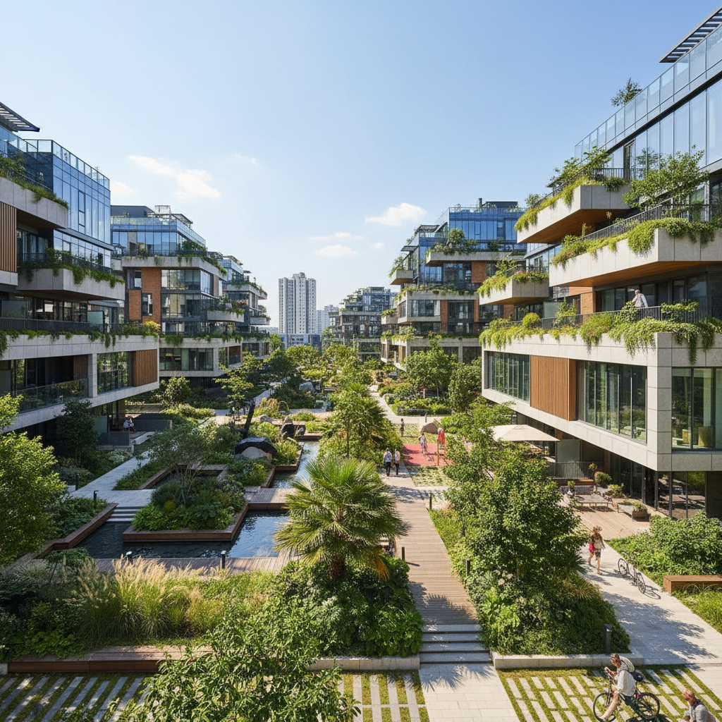 Lush landscaped gardens with mature trees and walking paths in a luxury residential complex