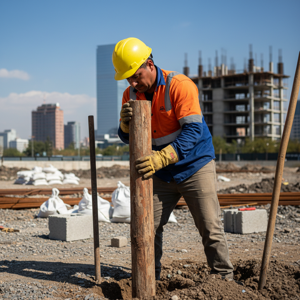 Trabajador de construcción instalando poste de barda en suelo de Ciudad de México