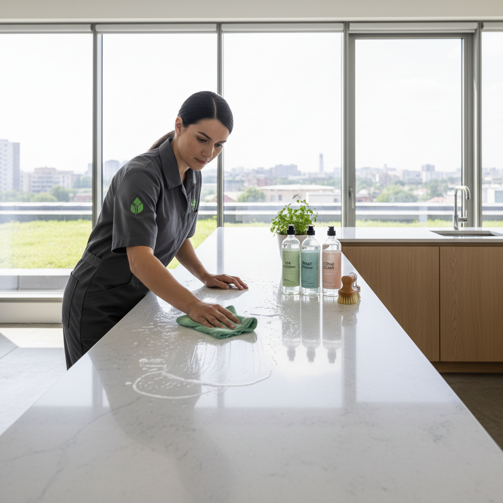 Professional cleaner in uniform cleaning modern kitchen surfaces with cleaning supplies