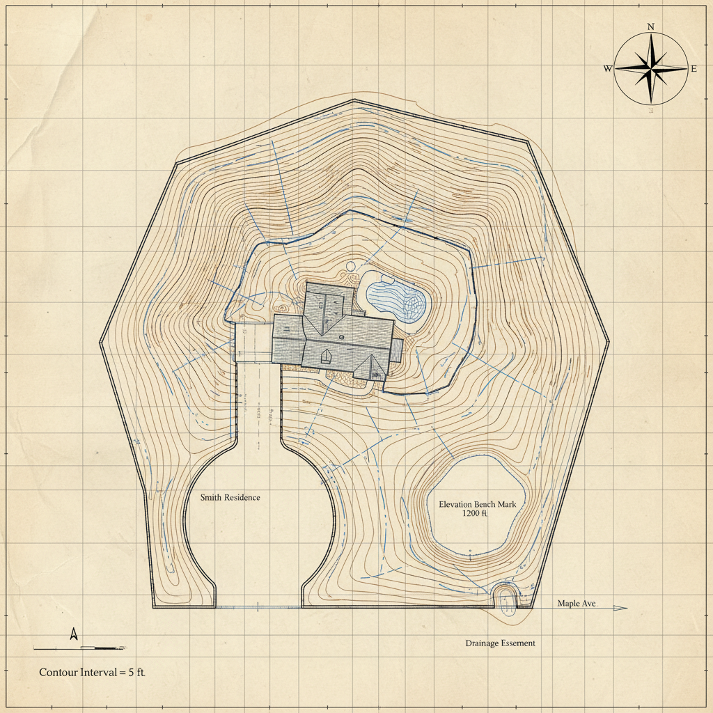 Topographic survey map with contour lines showing elevation changes and drainage flow paths across a residential property