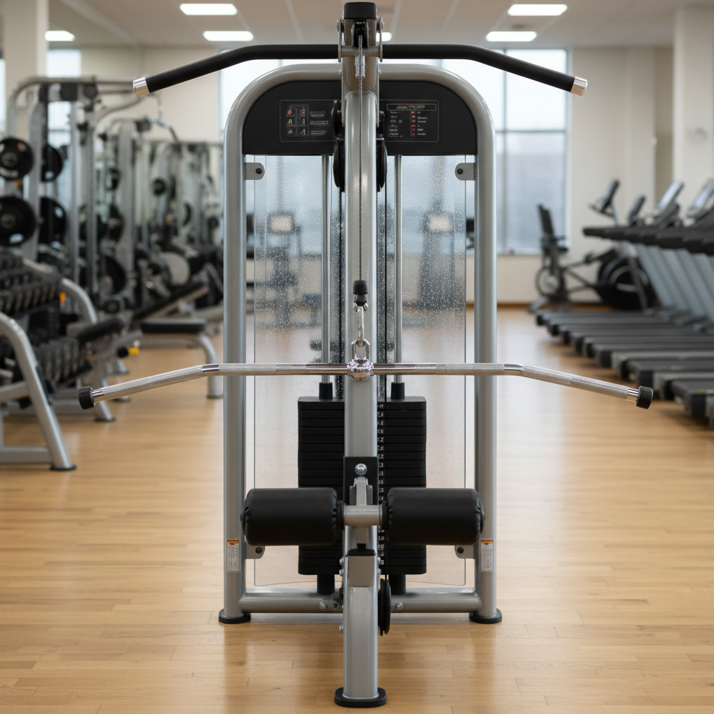 High pulley lat pulldown machine with wide grip bar for back training