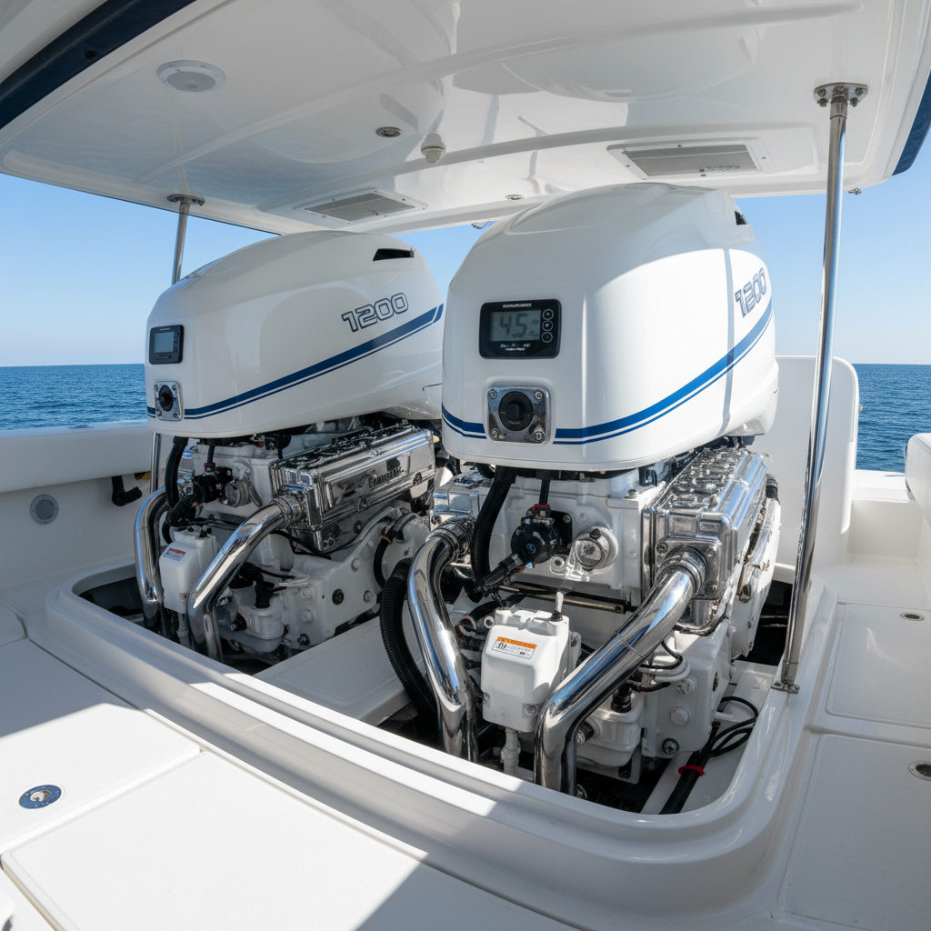 Clean engine bay with twin outboard motors, freshly detailed, showing low hours