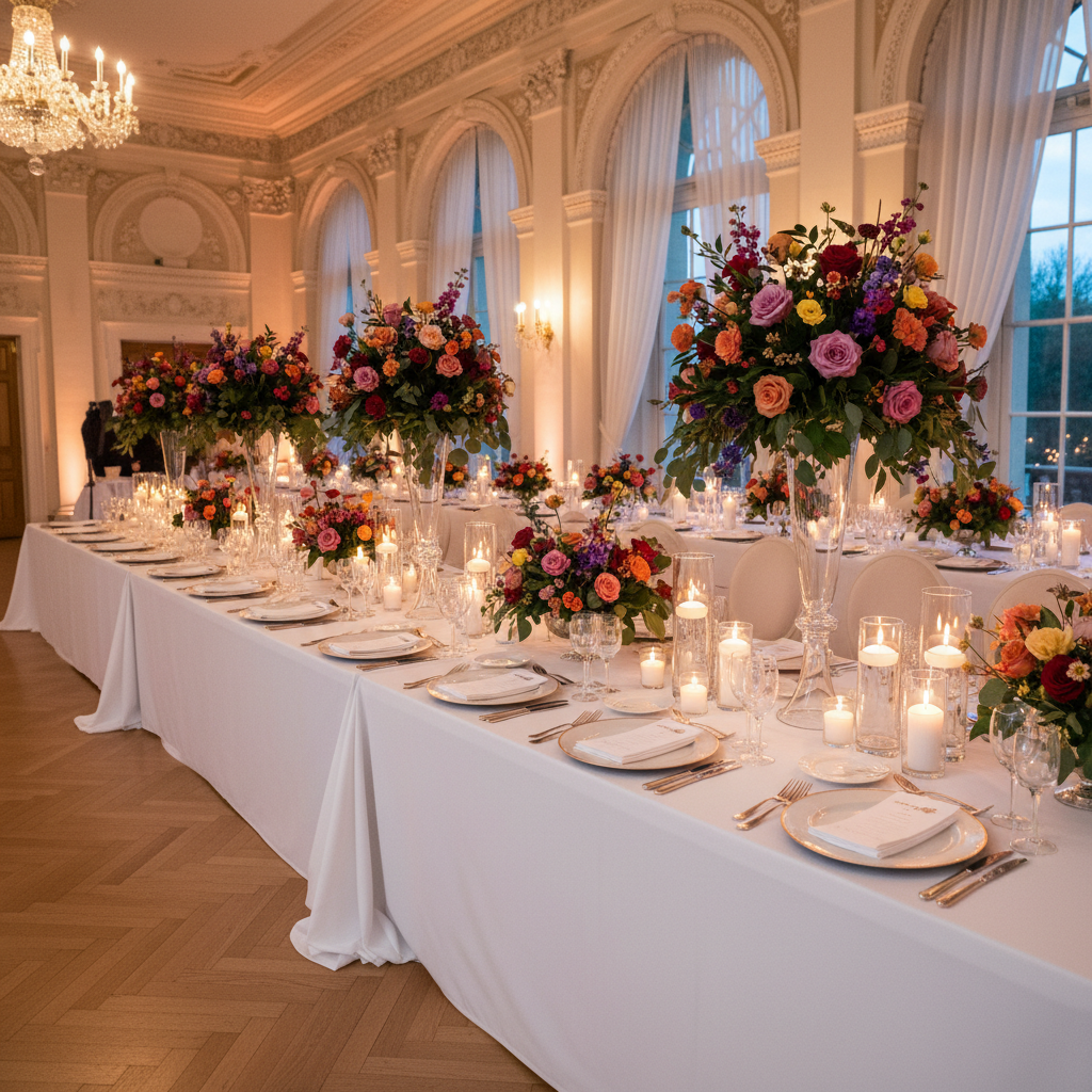 Cream linen table setting with garden flowers and soft candlelight at estate reception